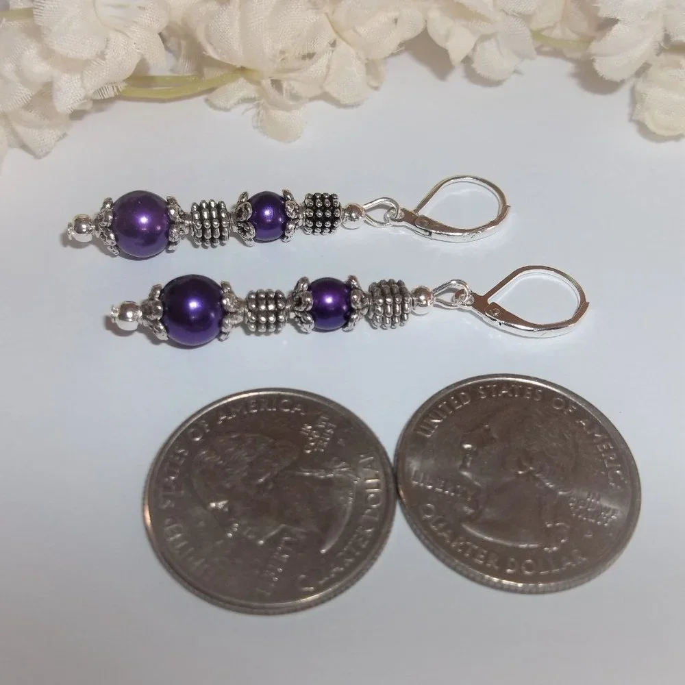 Long Purple and Silver Earrings Pearl Beaded Dangle Drop Jewelry Set Pair 7351